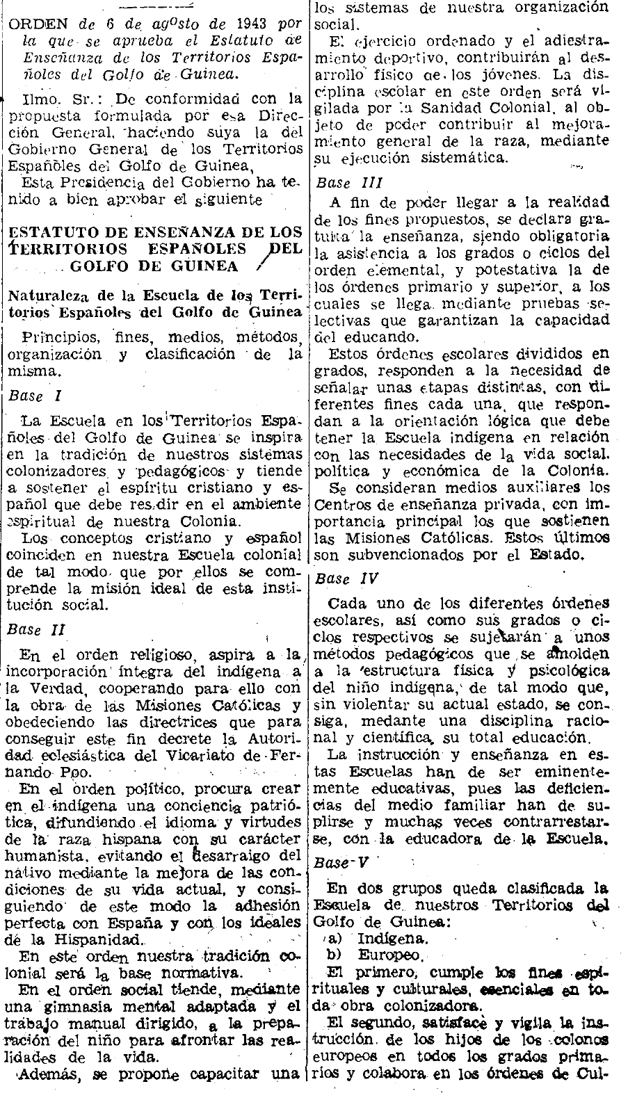 Bases iniciales del Estatuto de Enseñanza de 1943 para los Territorios Españoles del Golfo de Guinea